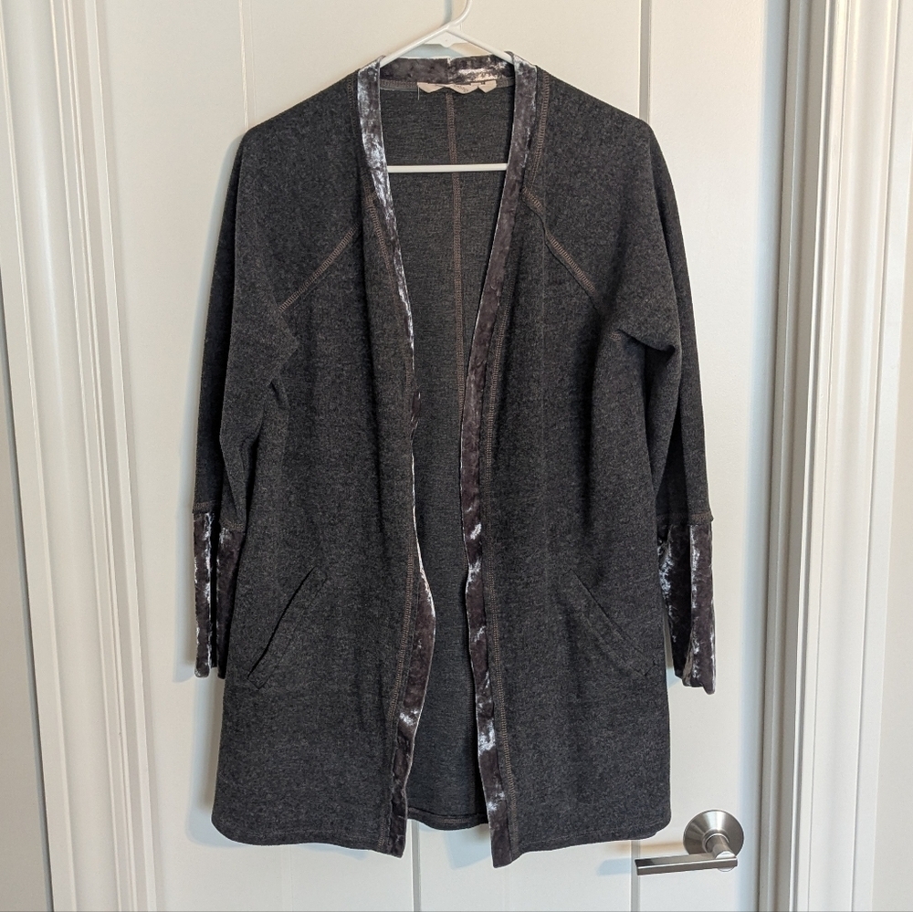 Soft Surroundings Vesper Velvet Trim Open Front Cardigan - Charcoal Grey sz M